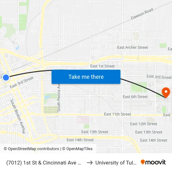 (7012) 1st St & Cincinnati Ave Wb to University of Tulsa map