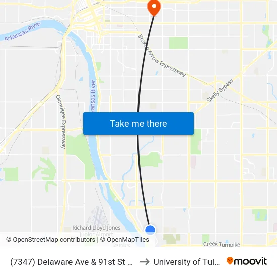 (7347) Delaware Ave & 91st St Eb to University of Tulsa map
