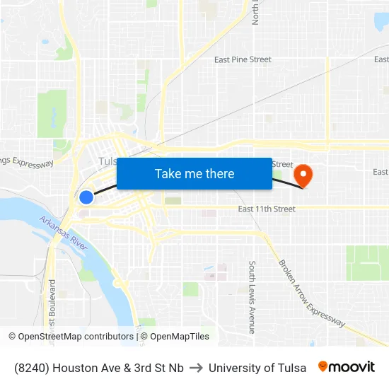 (8240) Houston Ave & 3rd St Nb to University of Tulsa map