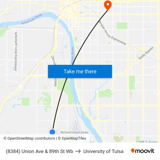 (8384) Union Ave & 89th St Wb to University of Tulsa map