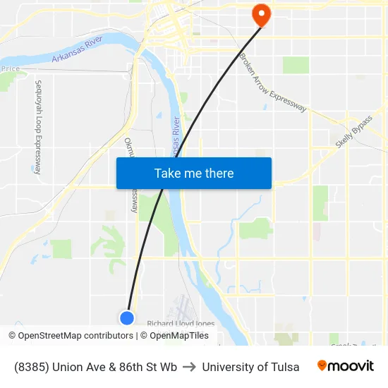 (8385) Union Ave & 86th St Wb to University of Tulsa map
