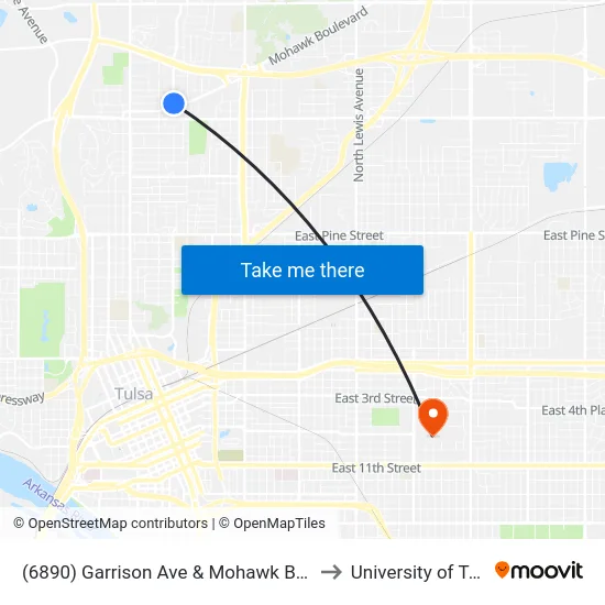 (6890) Garrison Ave & Mohawk Blvd Nb to University of Tulsa map