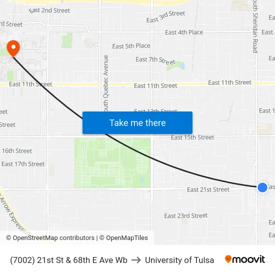 (7002) 21st St & 68th E Ave Wb to University of Tulsa map