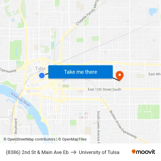 (8386) 2nd St & Main Ave Eb to University of Tulsa map
