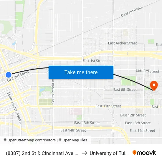 (8387) 2nd St & Cincinnati Ave Eb to University of Tulsa map