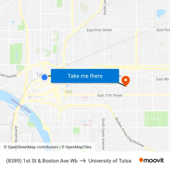 (8389) 1st St & Boston Ave Wb to University of Tulsa map