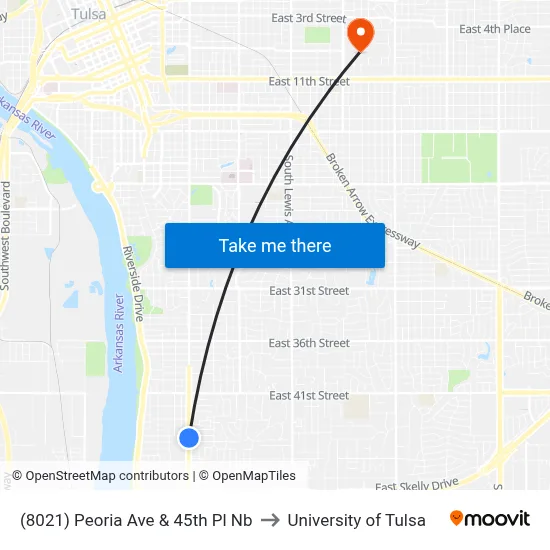 (8021) Peoria Ave & 45th Pl Nb to University of Tulsa map