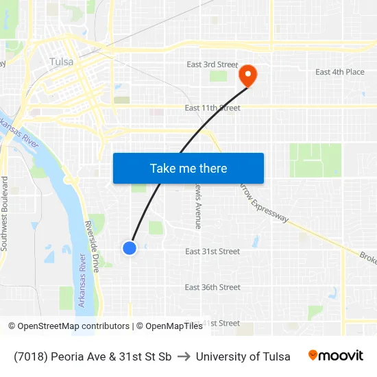 (7018) Peoria Ave & 31st St Sb to University of Tulsa map