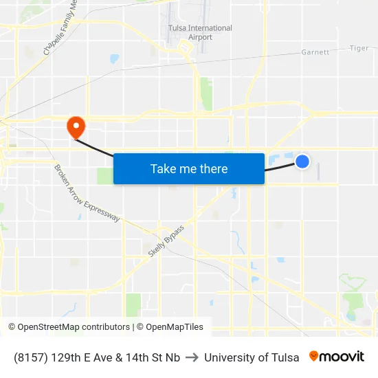 (8157) 129th E Ave & 14th St Nb to University of Tulsa map