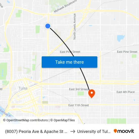 (8007) Peoria Ave & Apache St Sb to University of Tulsa map