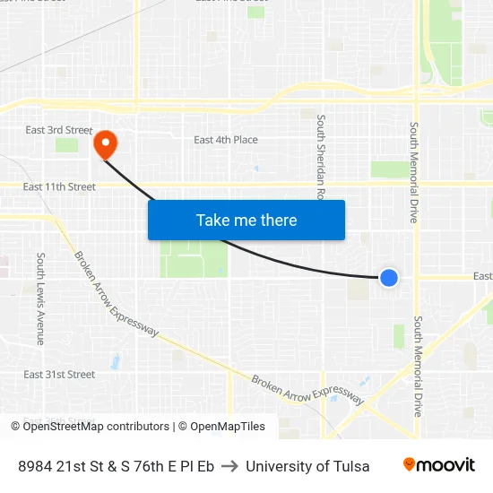 8984 21st St & S 76th E Pl Eb to University of Tulsa map