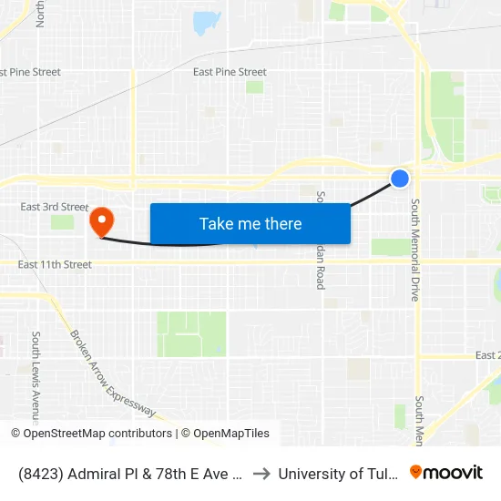 (8423) Admiral Pl & 78th E Ave Eb to University of Tulsa map