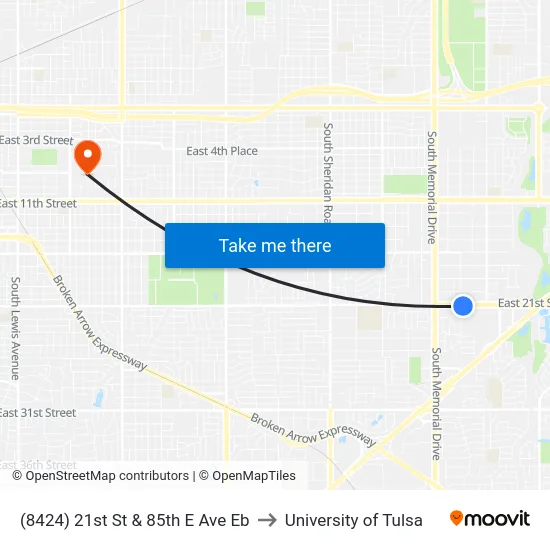 (8424) 21st St & 85th E Ave Eb to University of Tulsa map