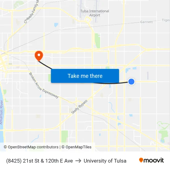 (8425) 21st St & 120th E Ave to University of Tulsa map