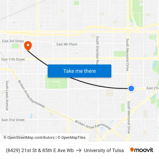 (8429) 21st St & 85th E Ave Wb to University of Tulsa map