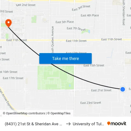 (8431) 21st St & Sheridan Ave Wb to University of Tulsa map