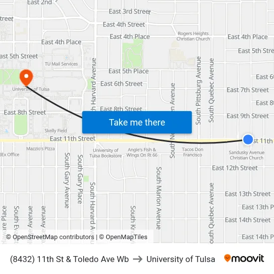 (8432) 11th St & Toledo Ave Wb to University of Tulsa map