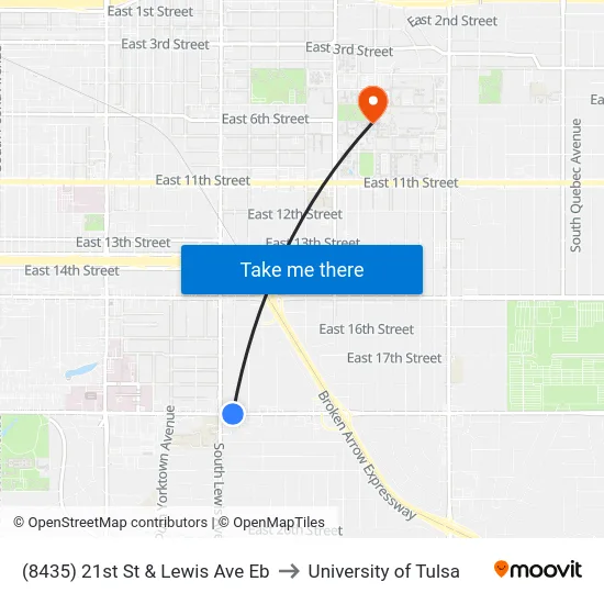 (8435) 21st St & Lewis Ave Eb to University of Tulsa map