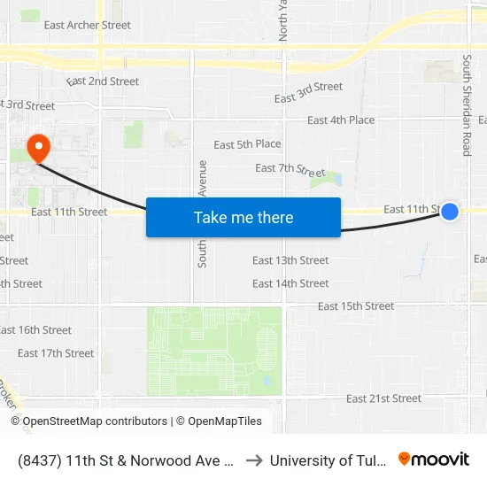 (8437) 11th St & Norwood Ave Eb to University of Tulsa map