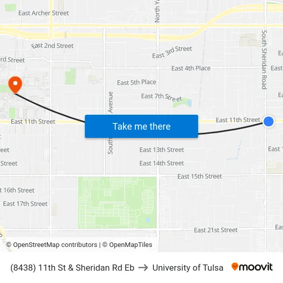 (8438) 11th St & Sheridan Rd Eb to University of Tulsa map