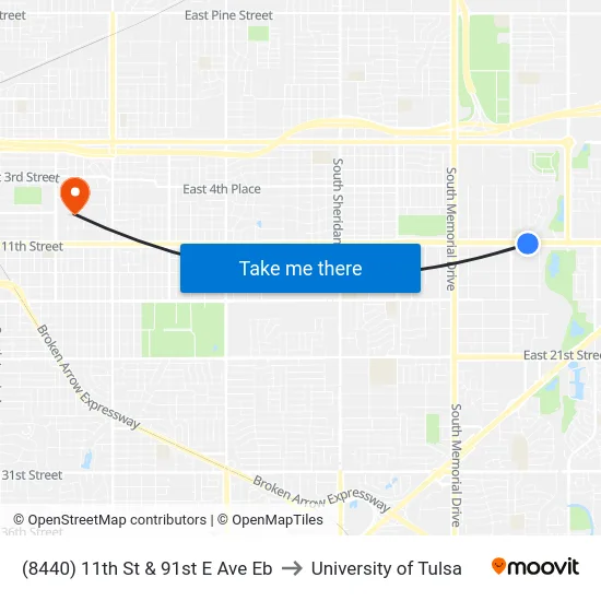 (8440) 11th St & 91st E Ave Eb to University of Tulsa map