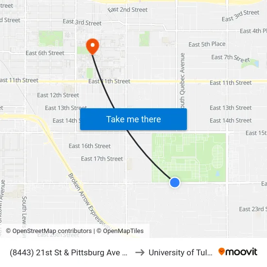 (8443) 21st St & Pittsburg Ave Wb to University of Tulsa map