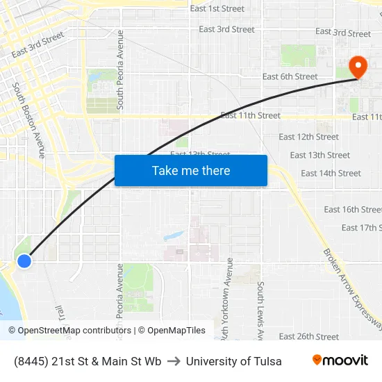 (8445) 21st St & Main St Wb to University of Tulsa map