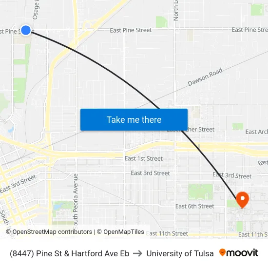 (8447) Pine St & Hartford Ave Eb to University of Tulsa map