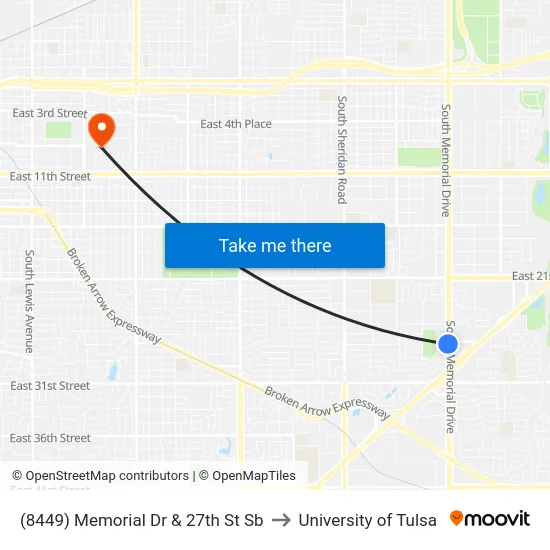 (8449) Memorial Dr & 27th St Sb to University of Tulsa map