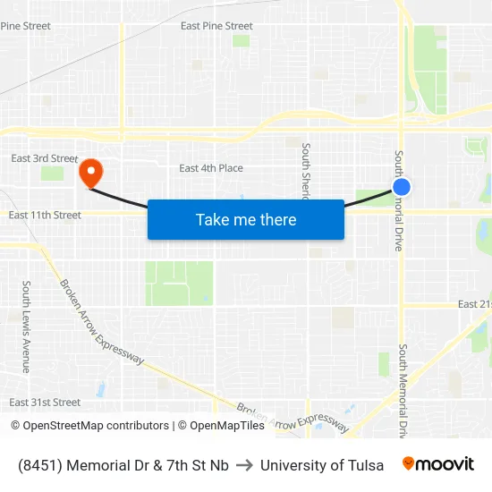 (8451) Memorial Dr & 7th St Nb to University of Tulsa map