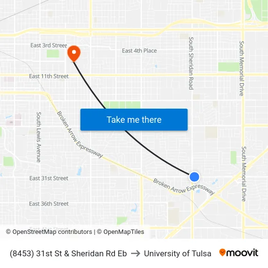 (8453) 31st St & Sheridan Rd Eb to University of Tulsa map