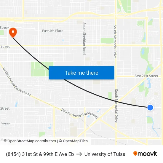 (8454) 31st St & 99th E Ave Eb to University of Tulsa map