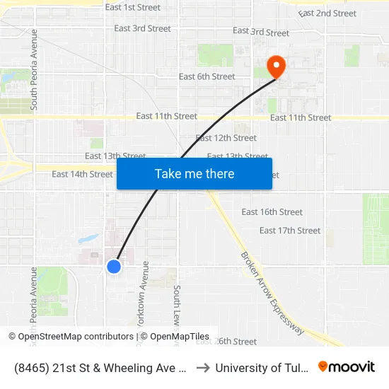 (8465) 21st St & Wheeling Ave Eb to University of Tulsa map