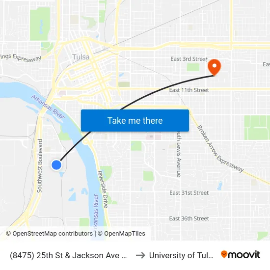 (8475) 25th St &  Jackson Ave Nb to University of Tulsa map