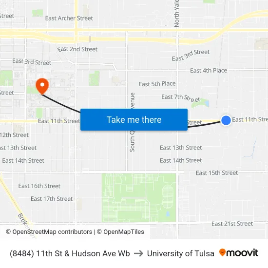 (8484) 11th St & Hudson Ave Wb to University of Tulsa map