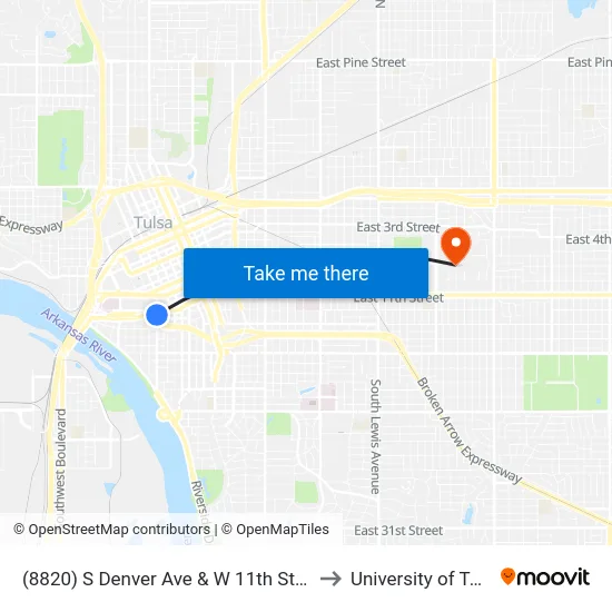(8820) S Denver Ave & W 11th St S Sb to University of Tulsa map