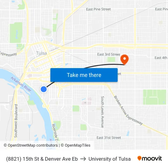 (8821) 15th St & Denver Ave Eb to University of Tulsa map