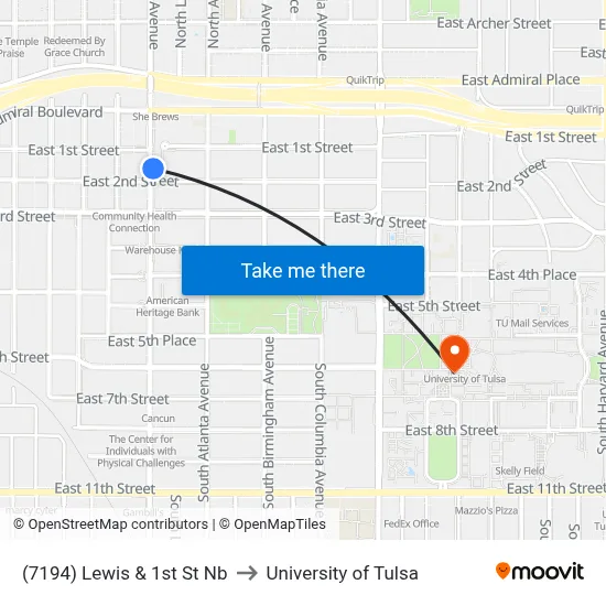 (7194) Lewis & 1st St Nb to University of Tulsa map