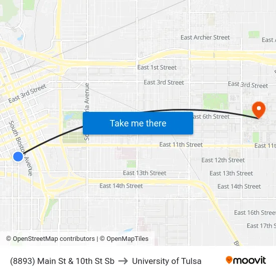 (8893) Main St & 10th St Sb to University of Tulsa map