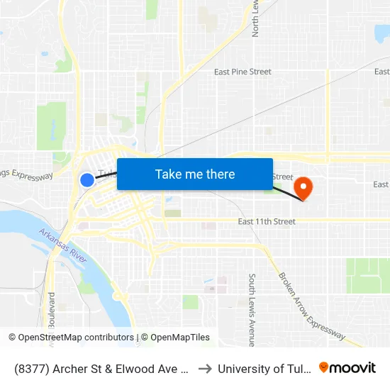 (8377) Archer St & Elwood Ave Wb to University of Tulsa map