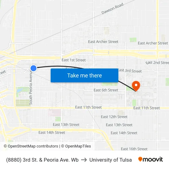 (8880) 3rd St. & Peoria Ave. Wb to University of Tulsa map