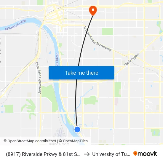 (8917) Riverside Prkwy & 81st St Nb to University of Tulsa map