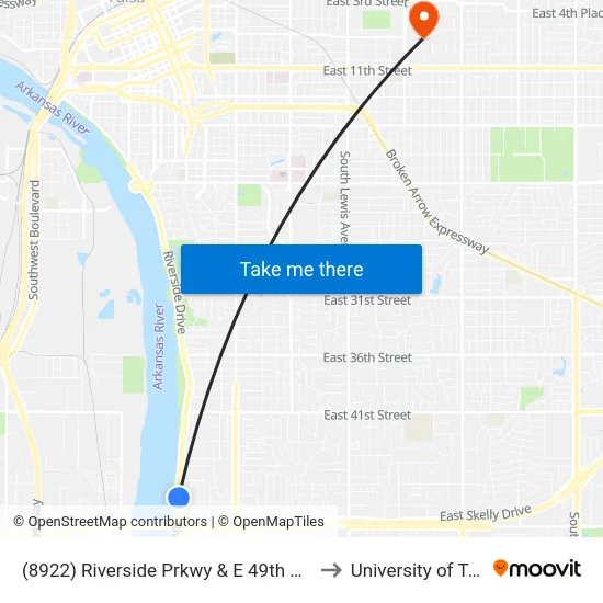 (8922) Riverside Prkwy & E 49th St S Nb to University of Tulsa map