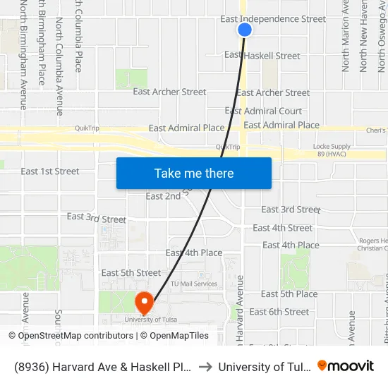 (8936) Harvard Ave & Haskell Pl Nb to University of Tulsa map