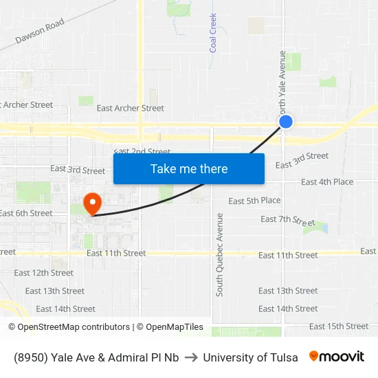 (8950) Yale Ave & Admiral Pl Nb to University of Tulsa map