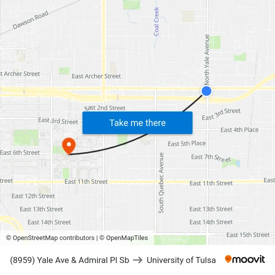 (8959) Yale Ave & Admiral Pl Sb to University of Tulsa map