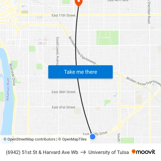(6942) 51st St & Harvard Ave Wb to University of Tulsa map