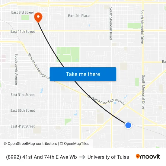 (8992) 41st And 74th E Ave Wb to University of Tulsa map