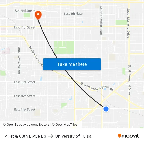 41st & 68th E Ave Eb to University of Tulsa map