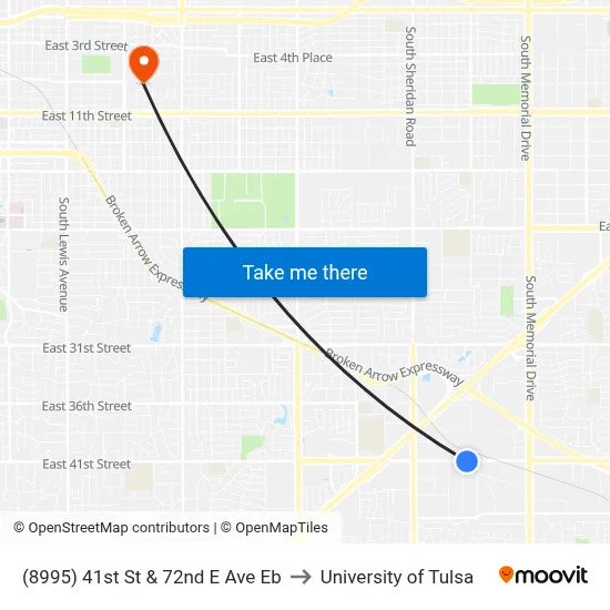 (8995) 41st St & 72nd E Ave Eb to University of Tulsa map